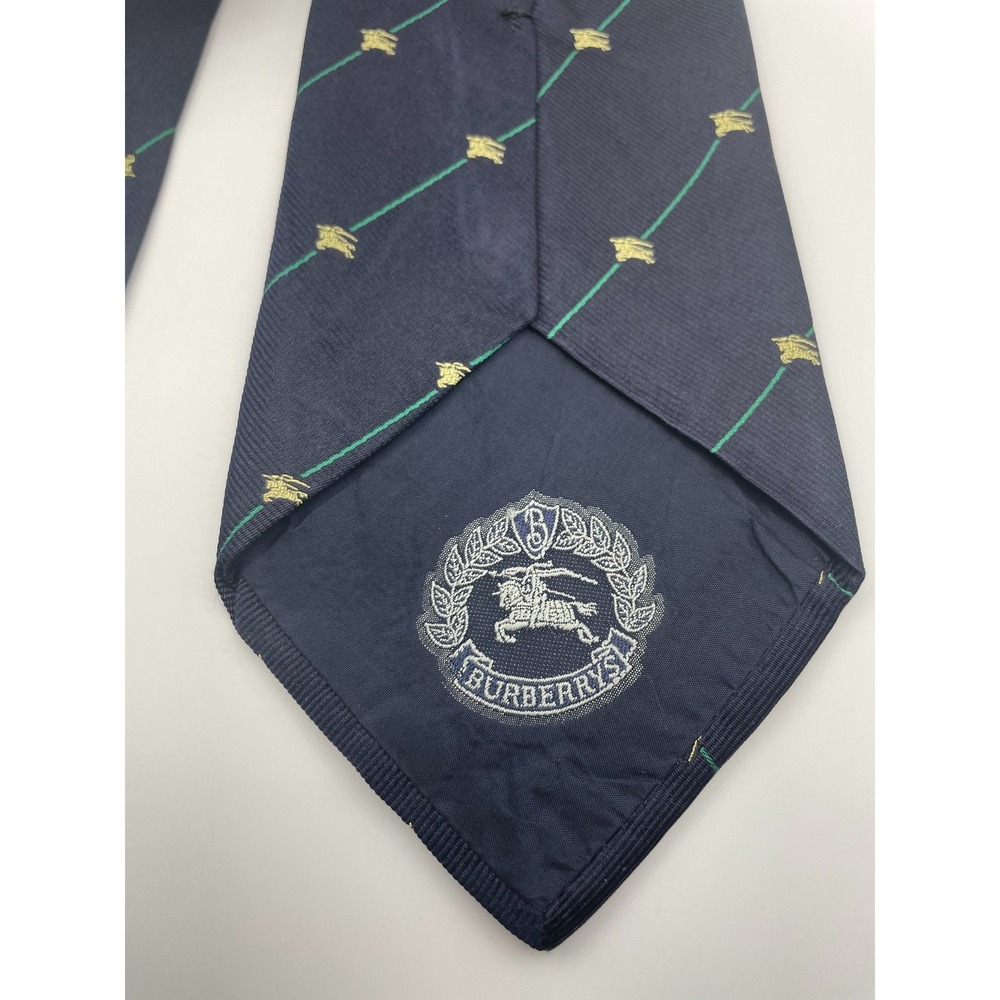 Burberrys of London Vintage Silk Tie Navy Blue Green Stripe Gold Crest England - Picture 5 of 5